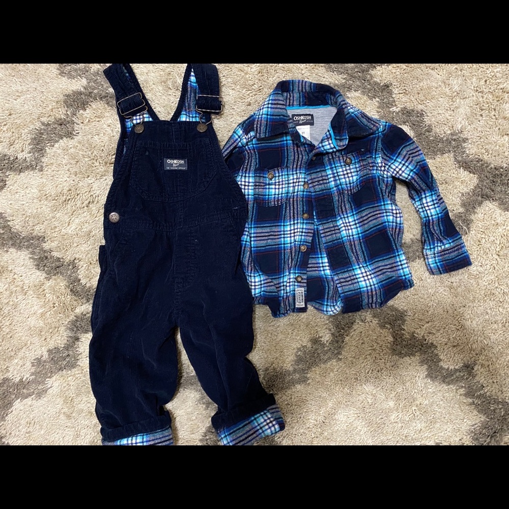 2t Oshkosh Blue Plaid Shirt and Corduroy Overall
